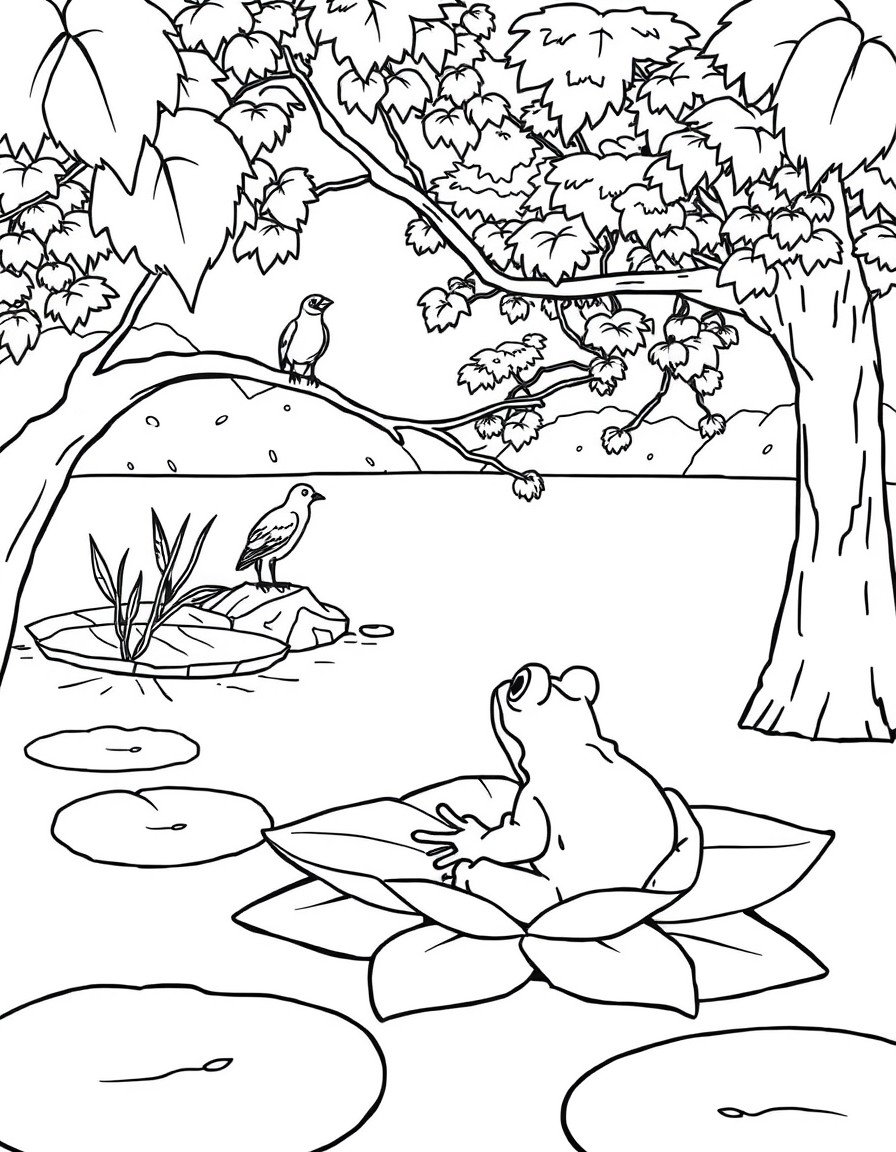 A frog on a water lily watching as a bird stands still on a branch of a tree by the lake