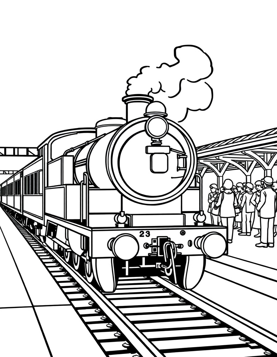 steam train stopped at a station with people on the platform