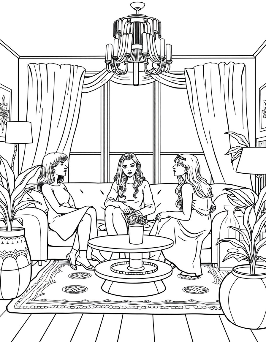 Please create a black and white bold outline colouring book style page inspiration from Coco Wyo, spooky cute, stoner moments, fuzzy hyggee etc adult colour books. which is 3 women in a living room,
