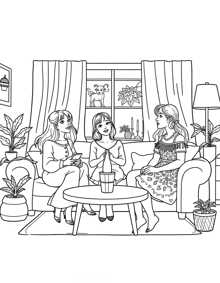 Please create a black and white bold outline colouring book style page inspiration from Coco Wyo, spooky cute, stoner moments, fuzzy hyggee etc adult colour books. which is 3 women in a living room,