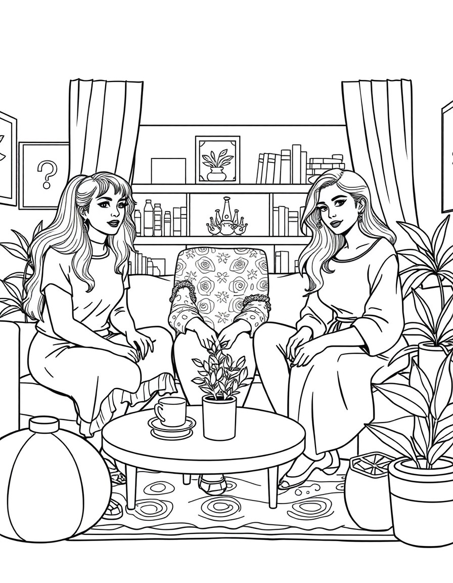 Please create a black and white bold outline colouring book style page inspiration from Coco Wyo, spooky cute, stoner moments, fuzzy hyggee etc adult colour books. which is 3 women in a living room,