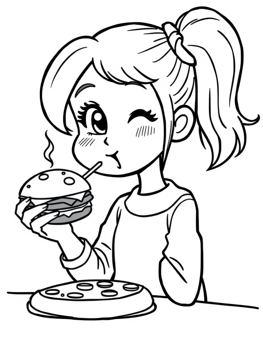 Draw a girl eating burger King and pizza