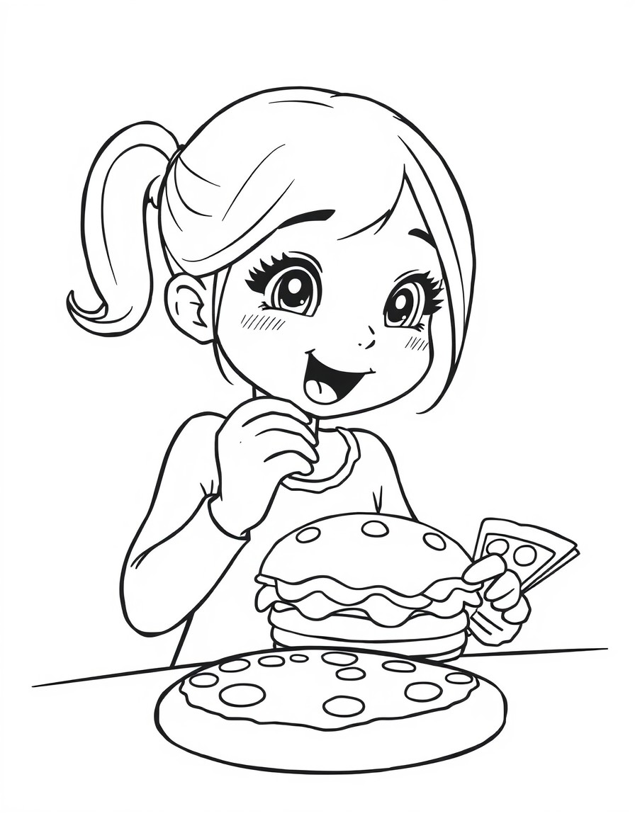 Draw a girl eating burger King and pizza