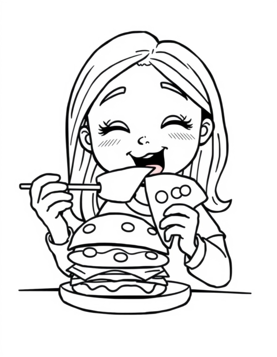 Draw a girl eating burger King and pizza