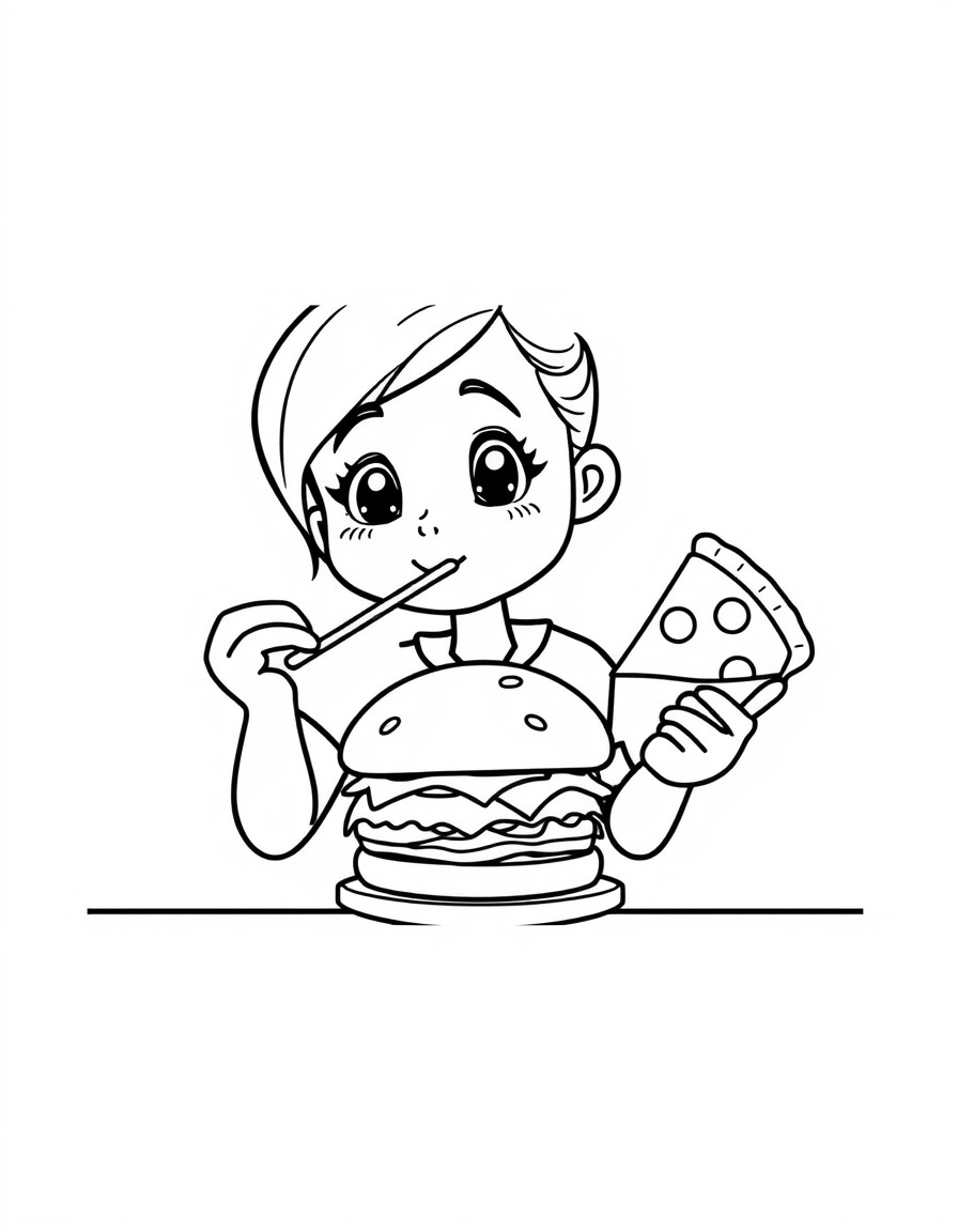 Draw a girl eating burger King and pizza