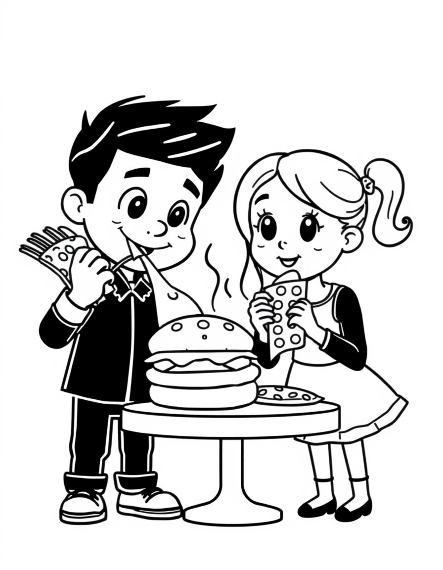 Draw a boy and girl eating burger King and pizza