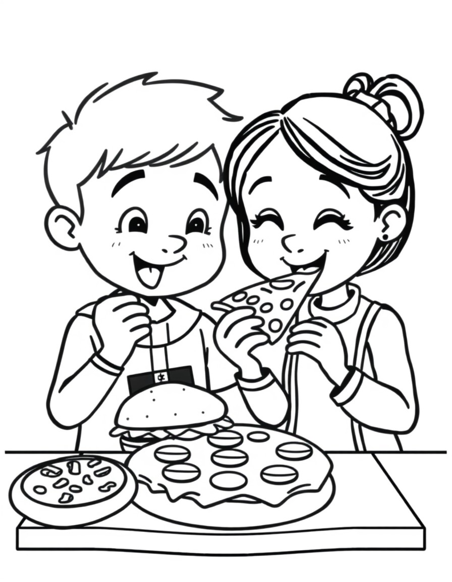 Draw a boy and girl eating burger King and pizza