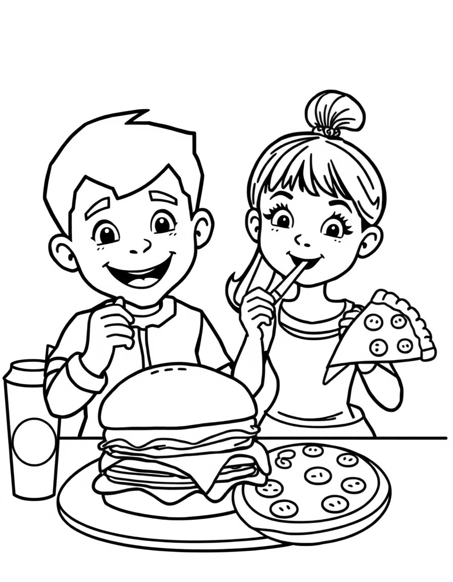 Draw a boy and girl eating burger King and pizza