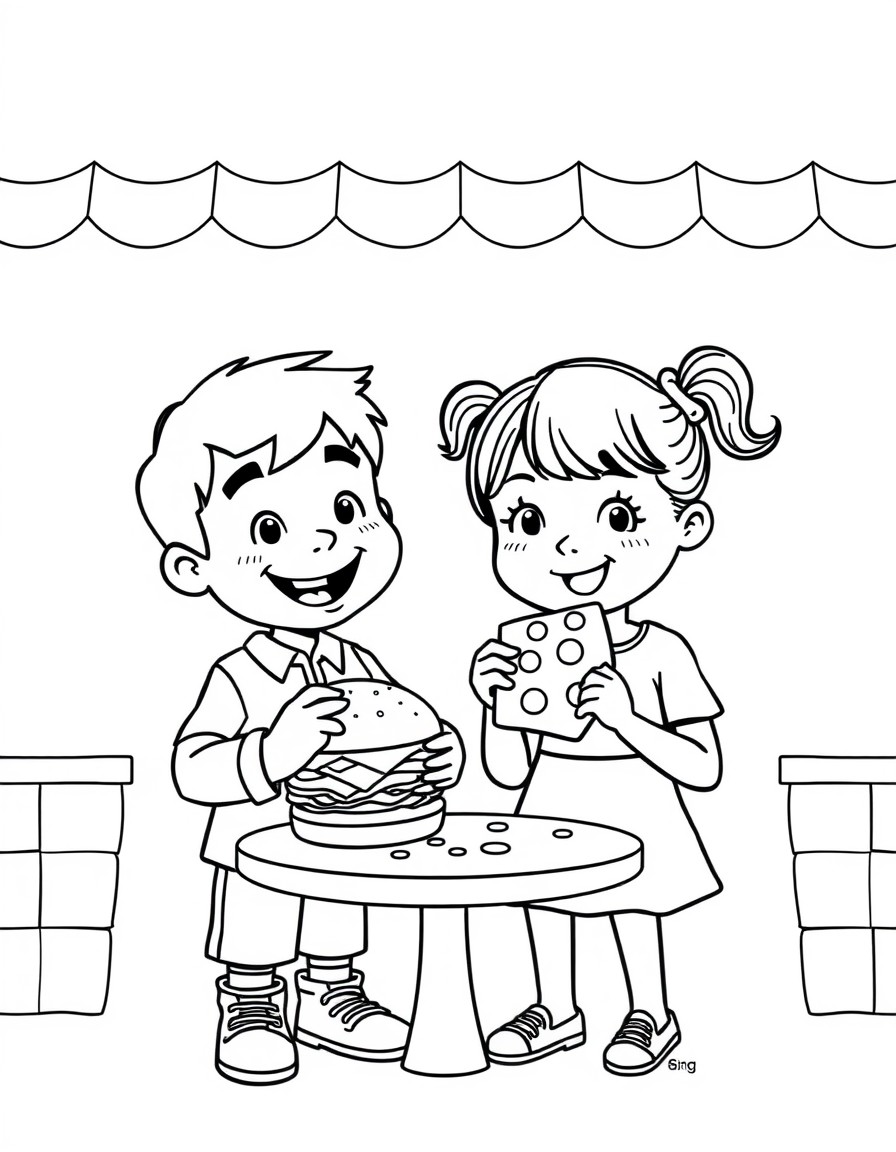 Draw a boy and girl eating burger King and pizza