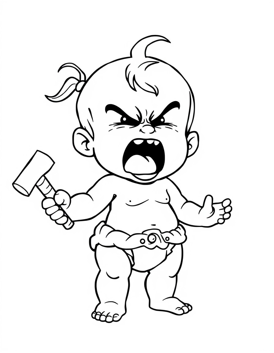 a disneypixar style cartoon of a little baby girl in diapers, screaming in anger, holding a hammer