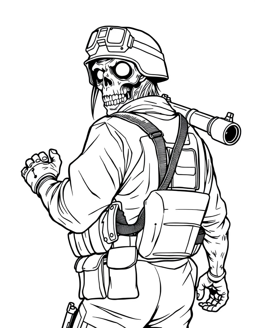 A zombie wearing a S.T.A.R.S uniform and a shotgun on its back