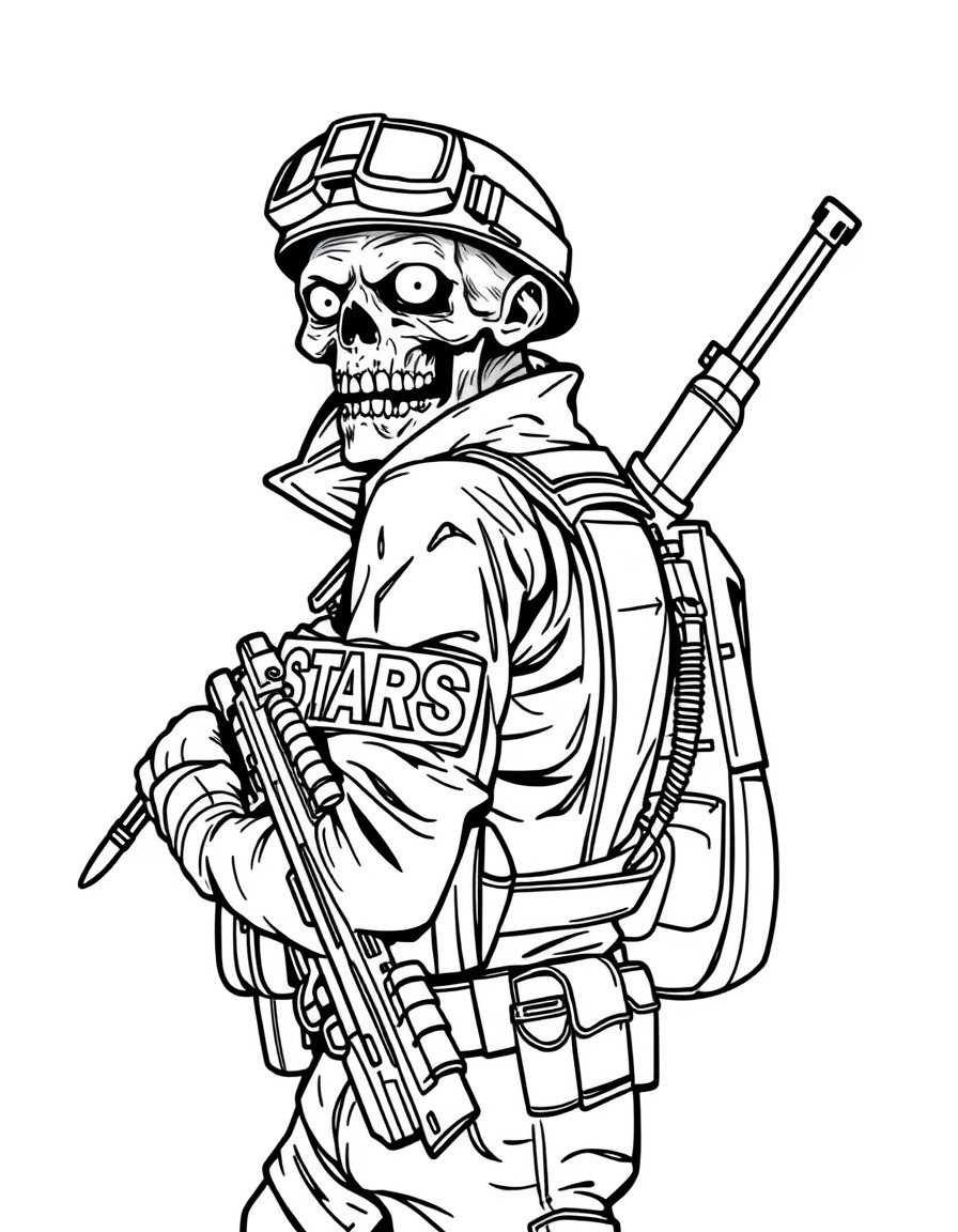 A zombie wearing a S.T.A.R.S uniform and a shotgun on its back