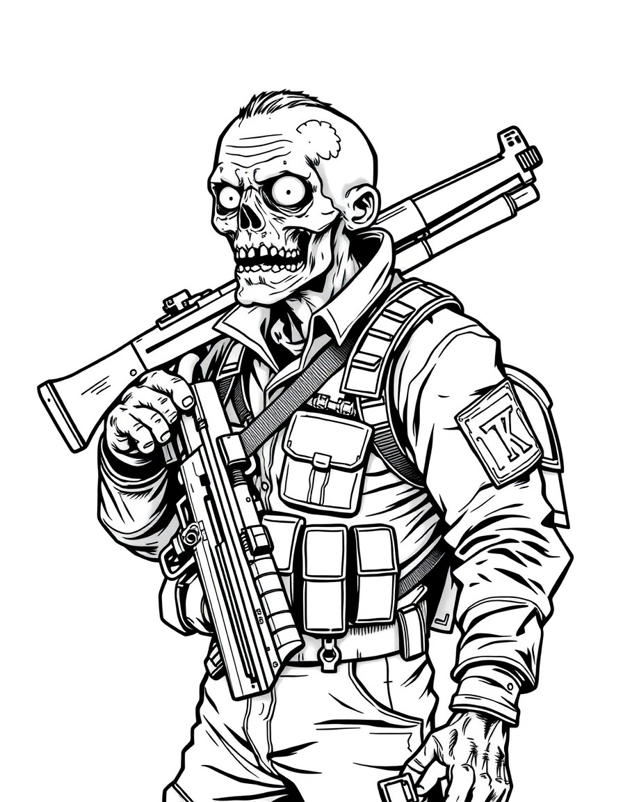 A zombie wearing a S.T.A.R.S uniform and a shotgun on its back