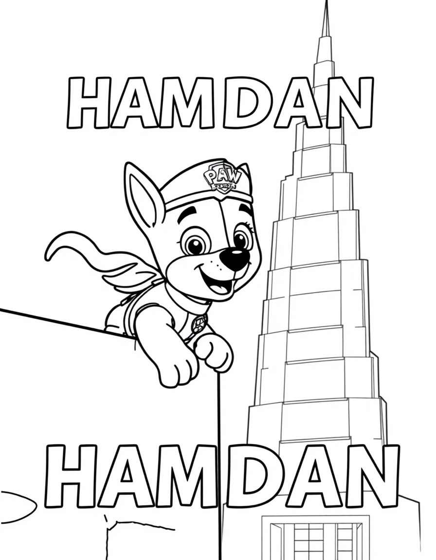 A paw patrol character Rabon climbing on the wall of Burj Khalifa and the text 'HAMDAN' in the background