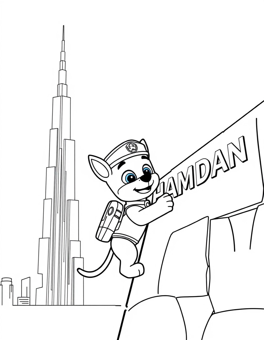 A paw patrol character Rabon climbing on the wall of Burj Khalifa and the text 'HAMDAN' in the background