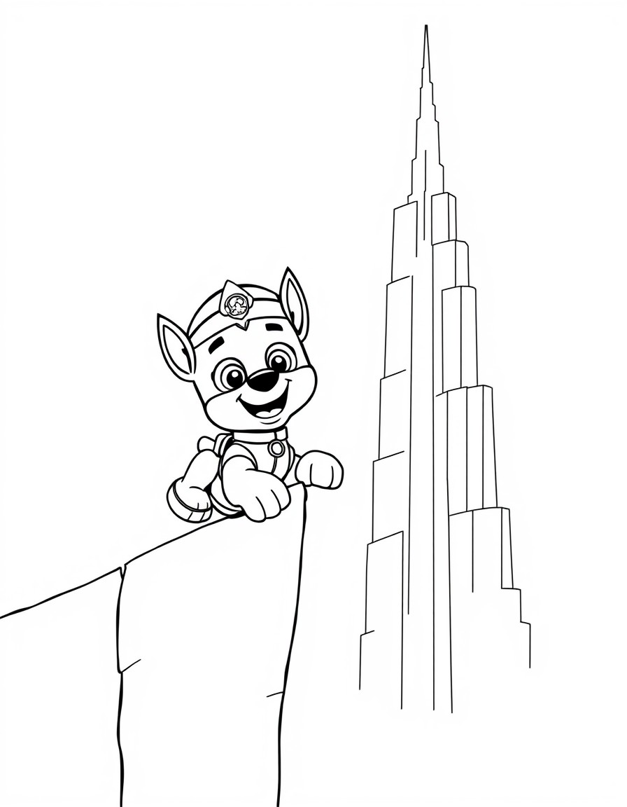 A paw patrol character Rabon climbing on the wall of Burj Khalifa and the text 'HAMDAN' in the background