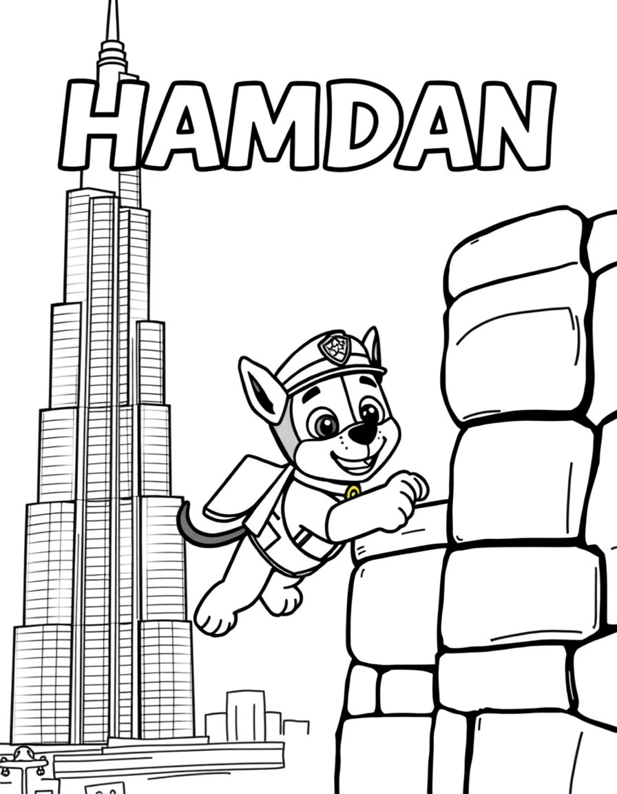 A paw patrol character Rabon climbing on the wall of Burj Khalifa and the text 'HAMDAN' in the background