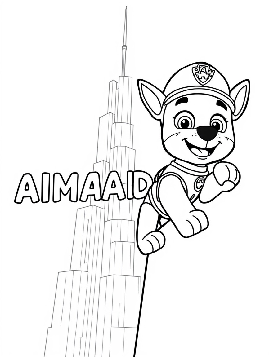 A paw patrol character Marsho climbing on the wall of Burj Khalifa and the text 'AHMED' in the background