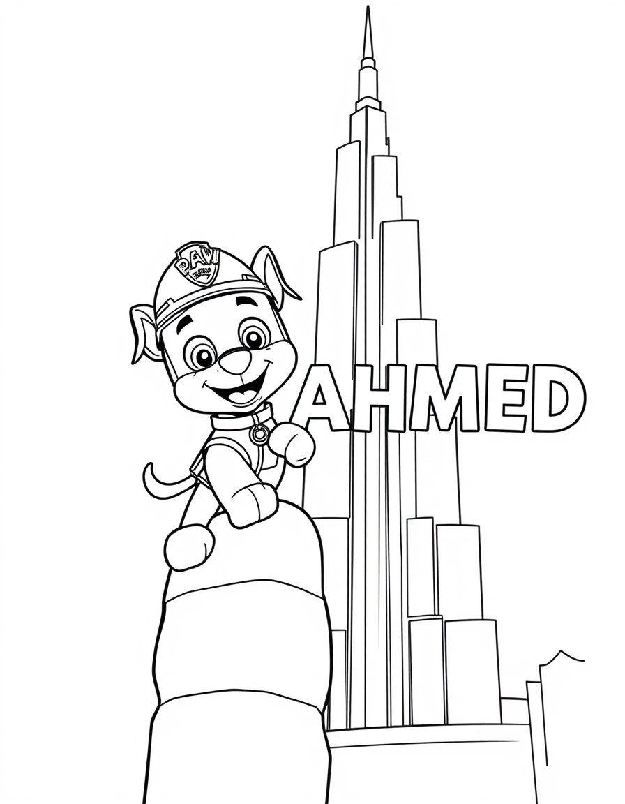 A paw patrol character Marsho climbing on the wall of Burj Khalifa and the text 'AHMED' in the background