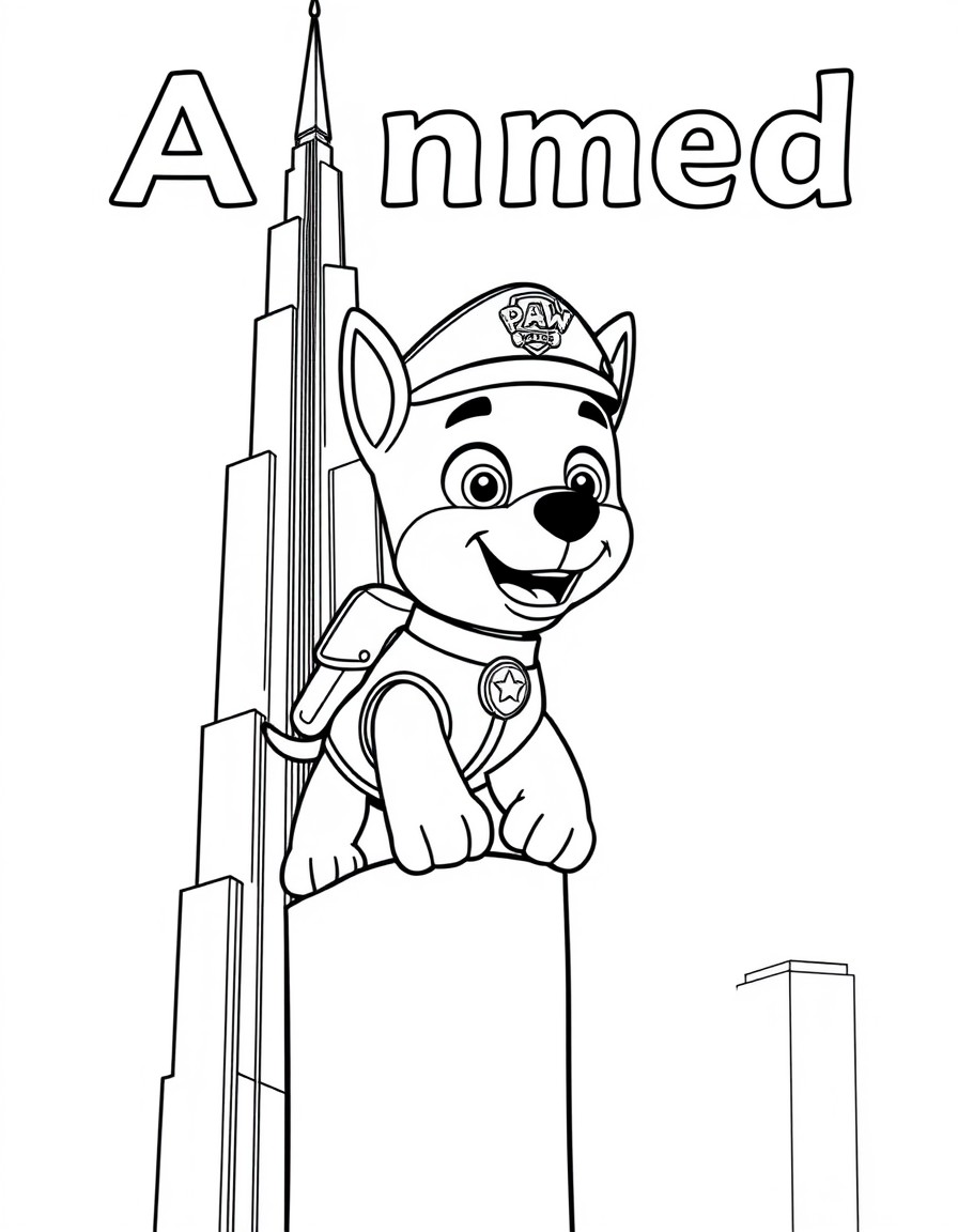 A paw patrol character Marsho climbing on the wall of Burj Khalifa and the text 'AHMED' in the background