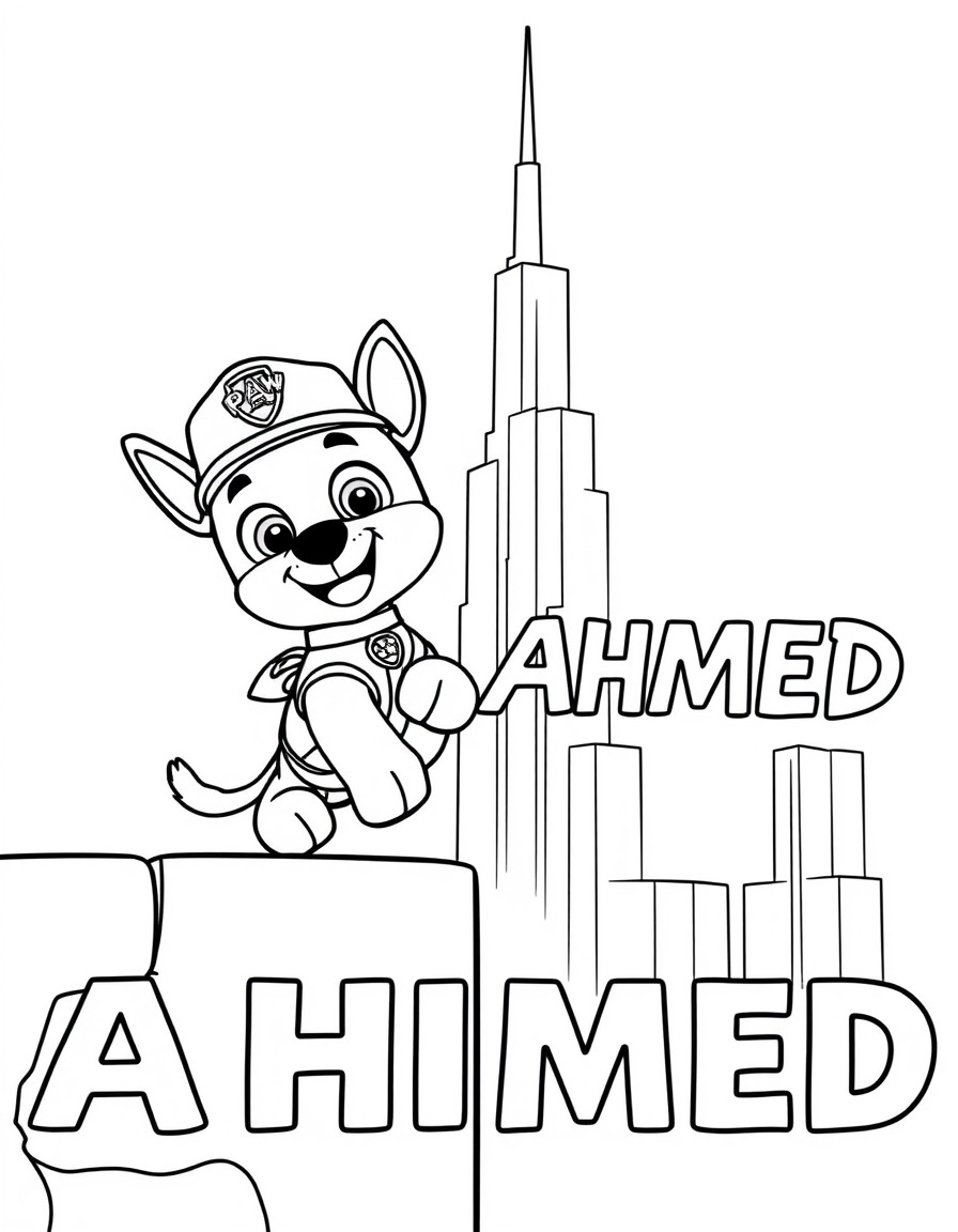 A paw patrol character Marsho climbing on the wall of Burj Khalifa and the text 'AHMED' in the background