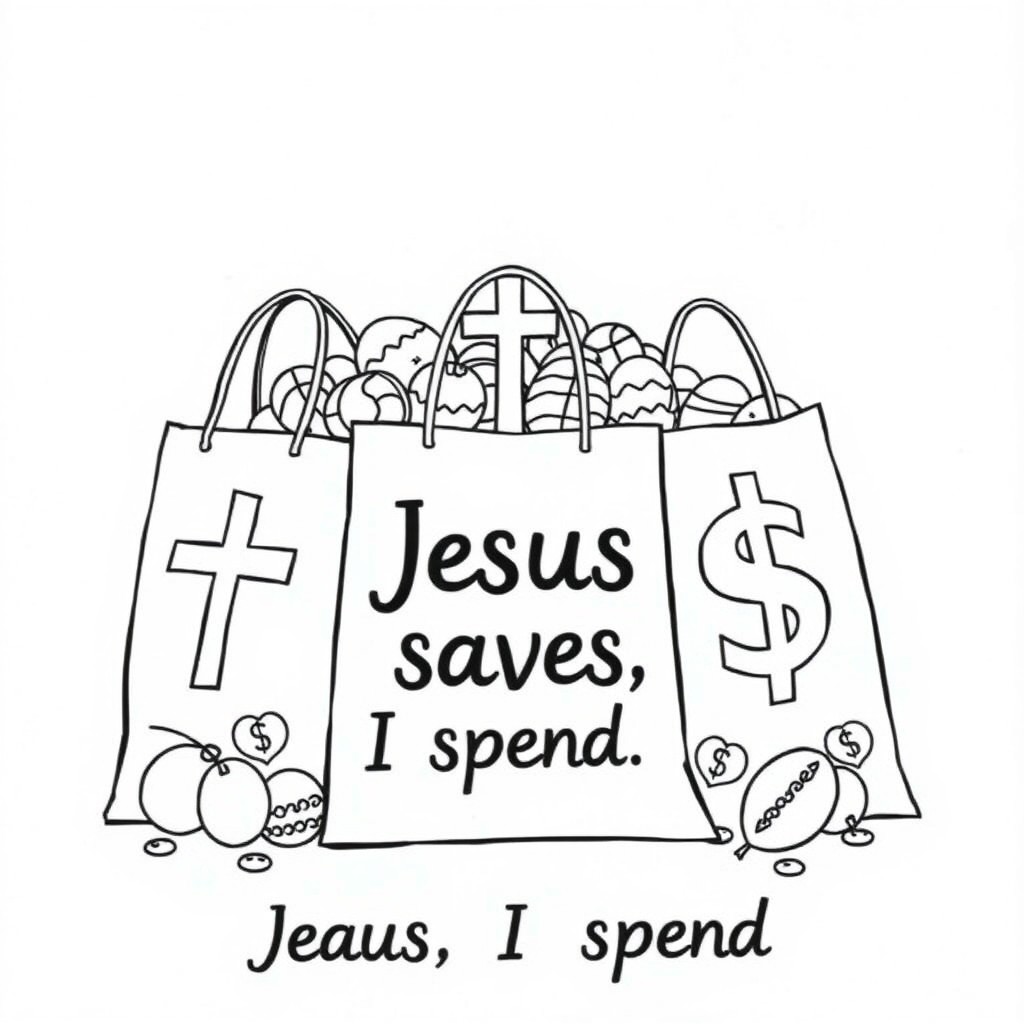 Easter shopping bags with religious symbols and money signs for adult coloring book with swear words. the phrase for the image will be "jesus saves, I spend"