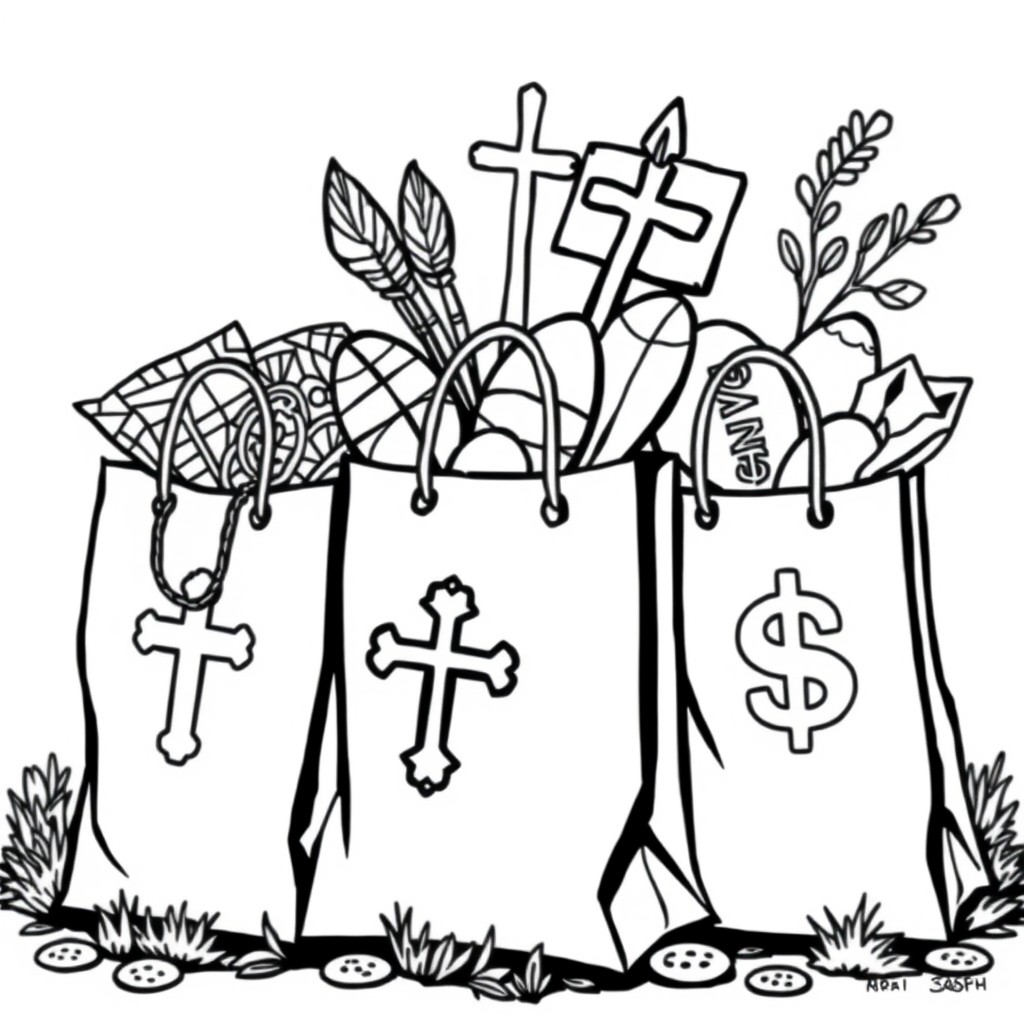 Easter shopping bags with religious symbols and money signs for adult coloring book with swear words.