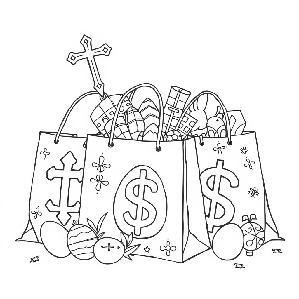Easter shopping bags with religious symbols and money signs for adult coloring book with swear words.