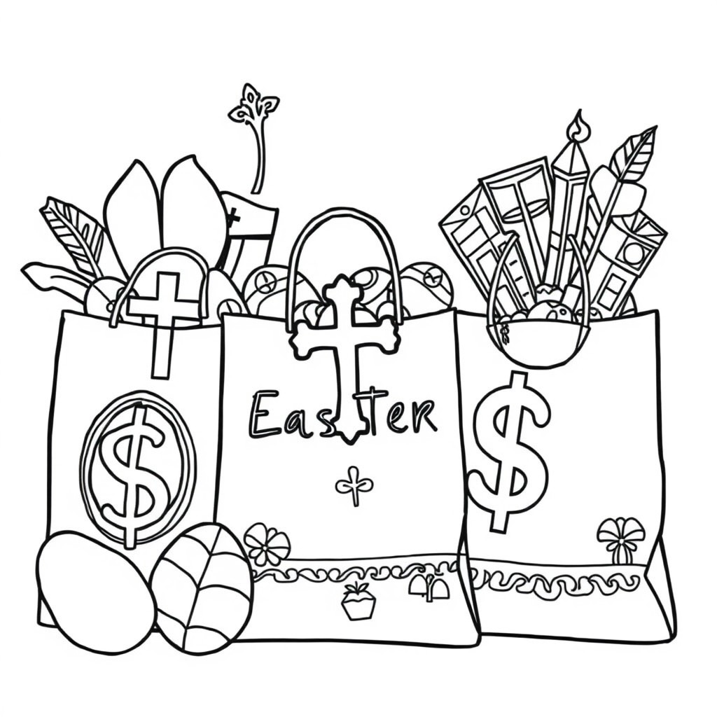 Easter shopping bags with religious symbols and money signs for adult coloring book with swear words.