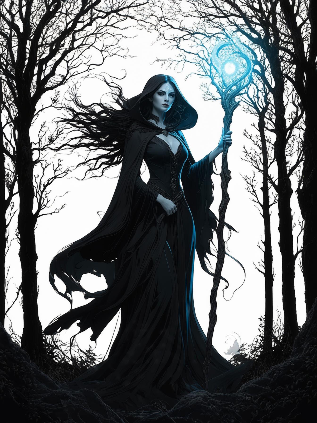 A powerful witch standing in a moonlit forest, photorealistic style, wearing a dark flowing cloak and holding a glowing staff, her eyes shining with magical energy. The atmosphere is mysterious and my