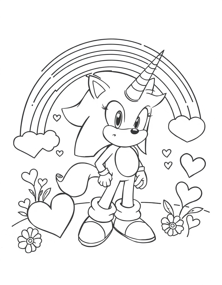 Please create a coloring page suitable for a 5-year-old girl. The page should include A rainbow A unicorn Sonic the Hedgehog A heart Make sure the drawing is simple, cute, and with clean black-an
