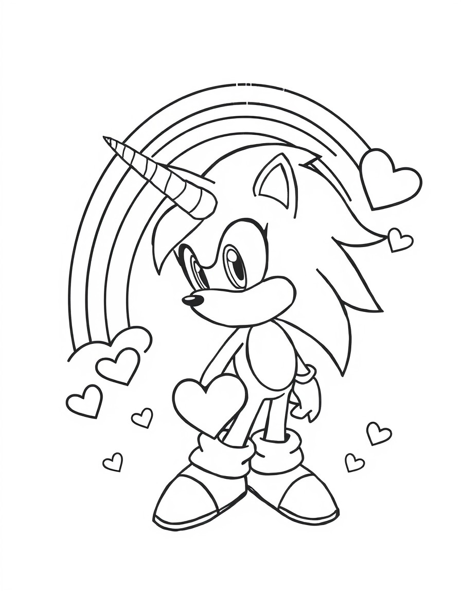 Please create a coloring page suitable for a 5-year-old girl. The page should include A rainbow A unicorn Sonic the Hedgehog A heart Make sure the drawing is simple, cute, and with clean black-an