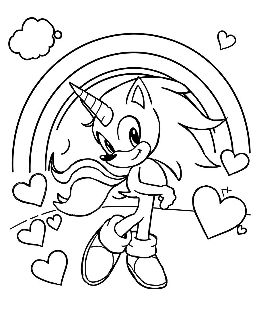 Please create a coloring page suitable for a 5-year-old girl. The page should include A rainbow A unicorn Sonic the Hedgehog A heart Make sure the drawing is simple, cute, and with clean black-an