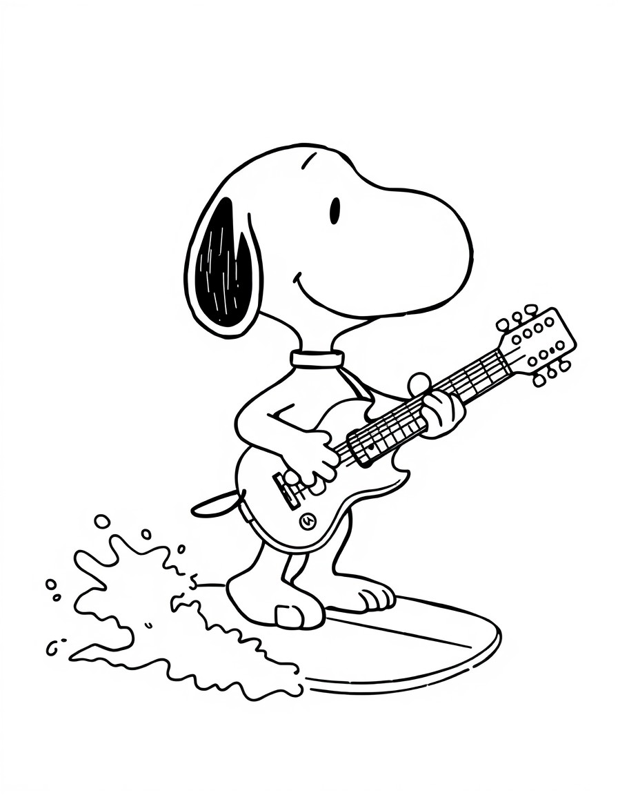 Snoopy surfing with a guitar