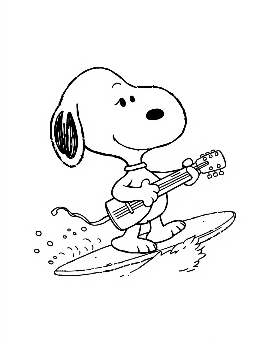 Snoopy surfing with a guitar