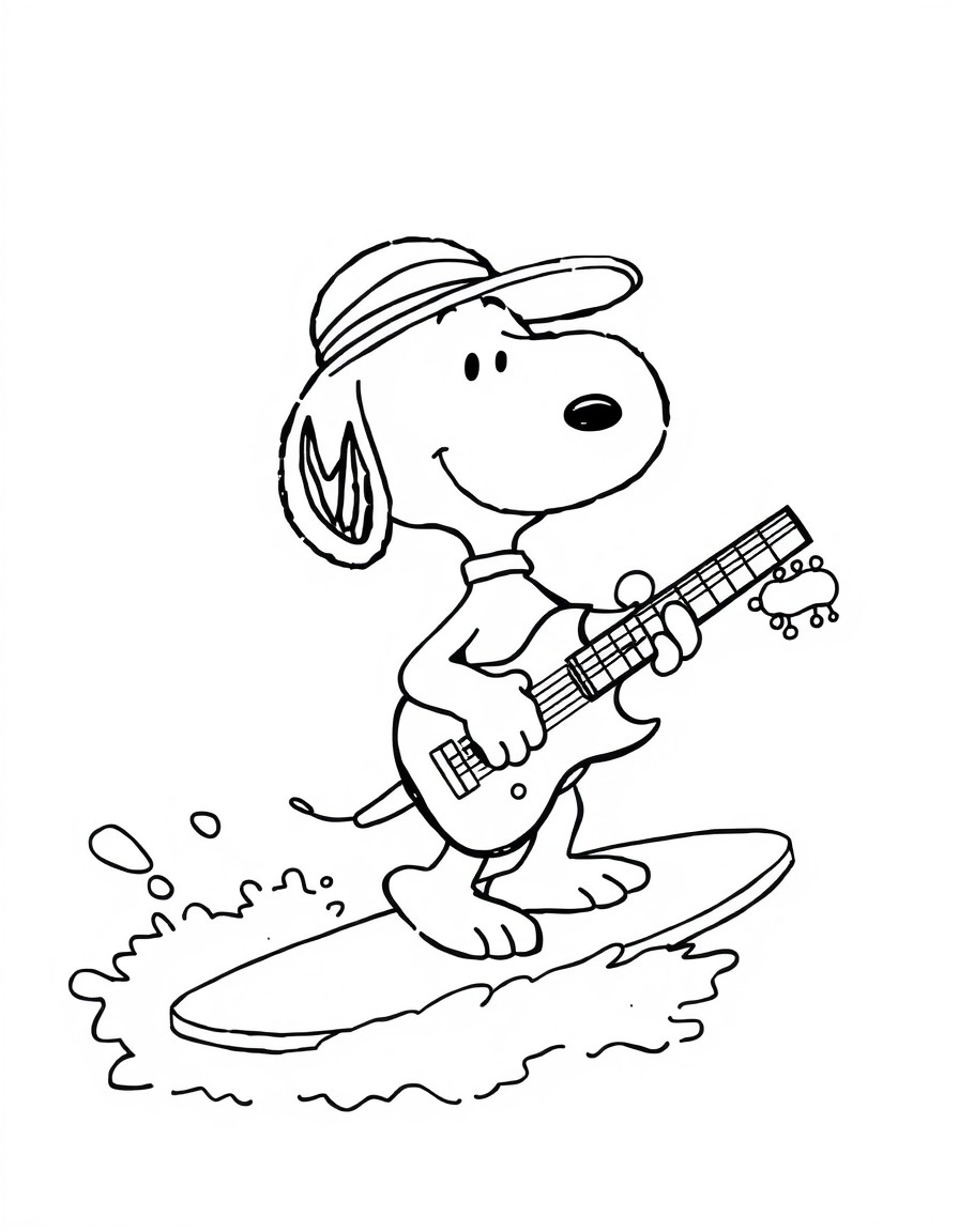 Snoopy surfing with a guitar