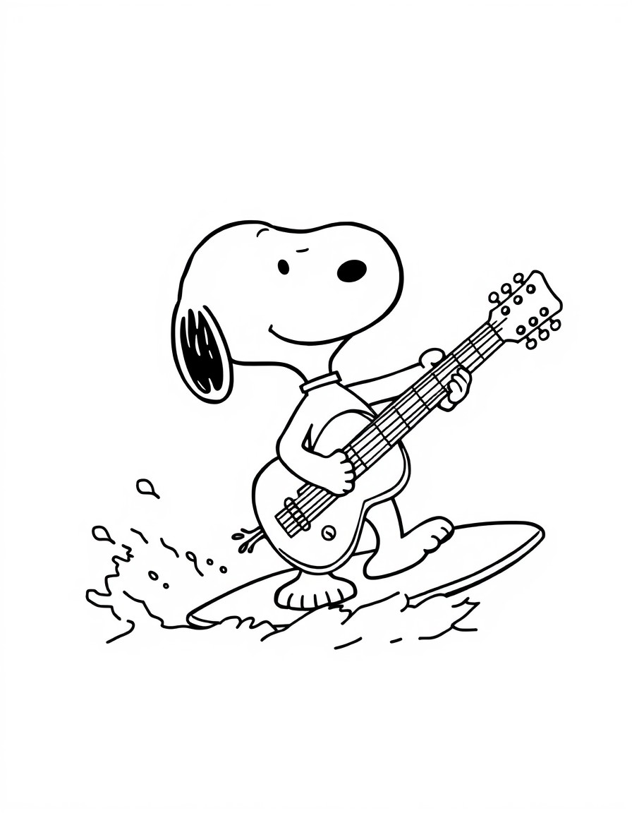 Snoopy surfing with a guitar