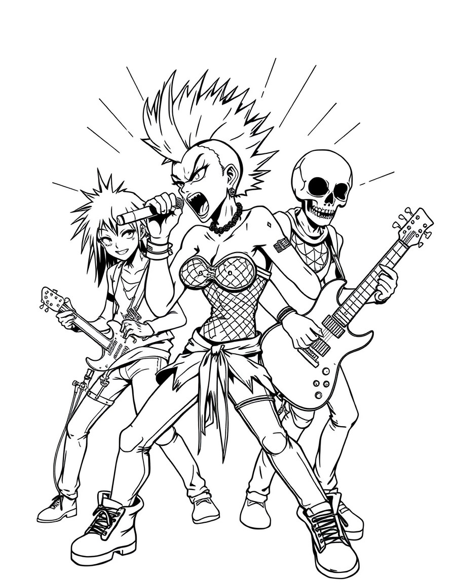 "An anime-style punk band in a high-energy concert pose. The lead singer has a mohawk and a ripped fishnet top, screaming into a mic with soundwave lines radiating outward. The guitarist has a skull-p