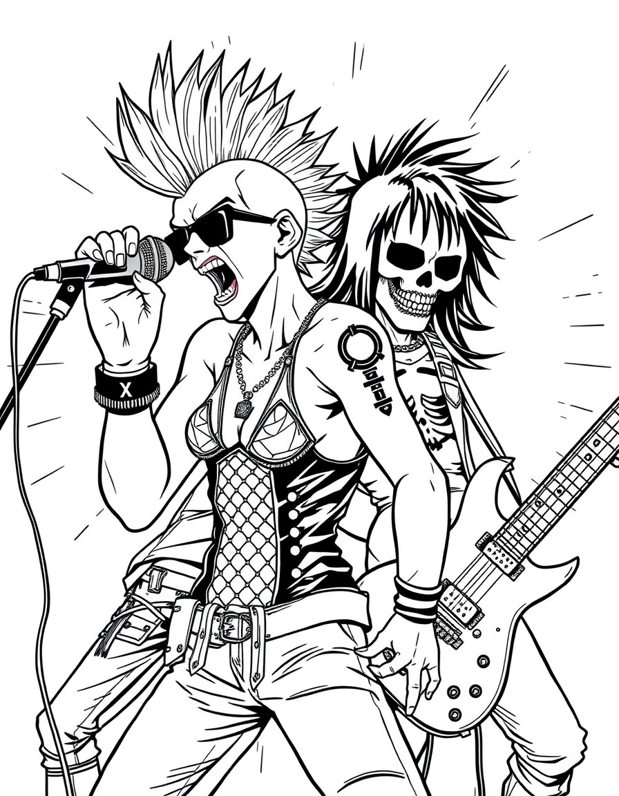 "An anime-style punk band in a high-energy concert pose. The lead singer has a mohawk and a ripped fishnet top, screaming into a mic with soundwave lines radiating outward. The guitarist has a skull-p