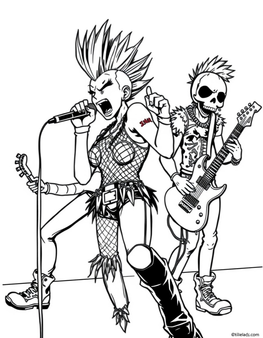 "An anime-style punk band in a high-energy concert pose. The lead singer has a mohawk and a ripped fishnet top, screaming into a mic with soundwave lines radiating outward. The guitarist has a skull-p