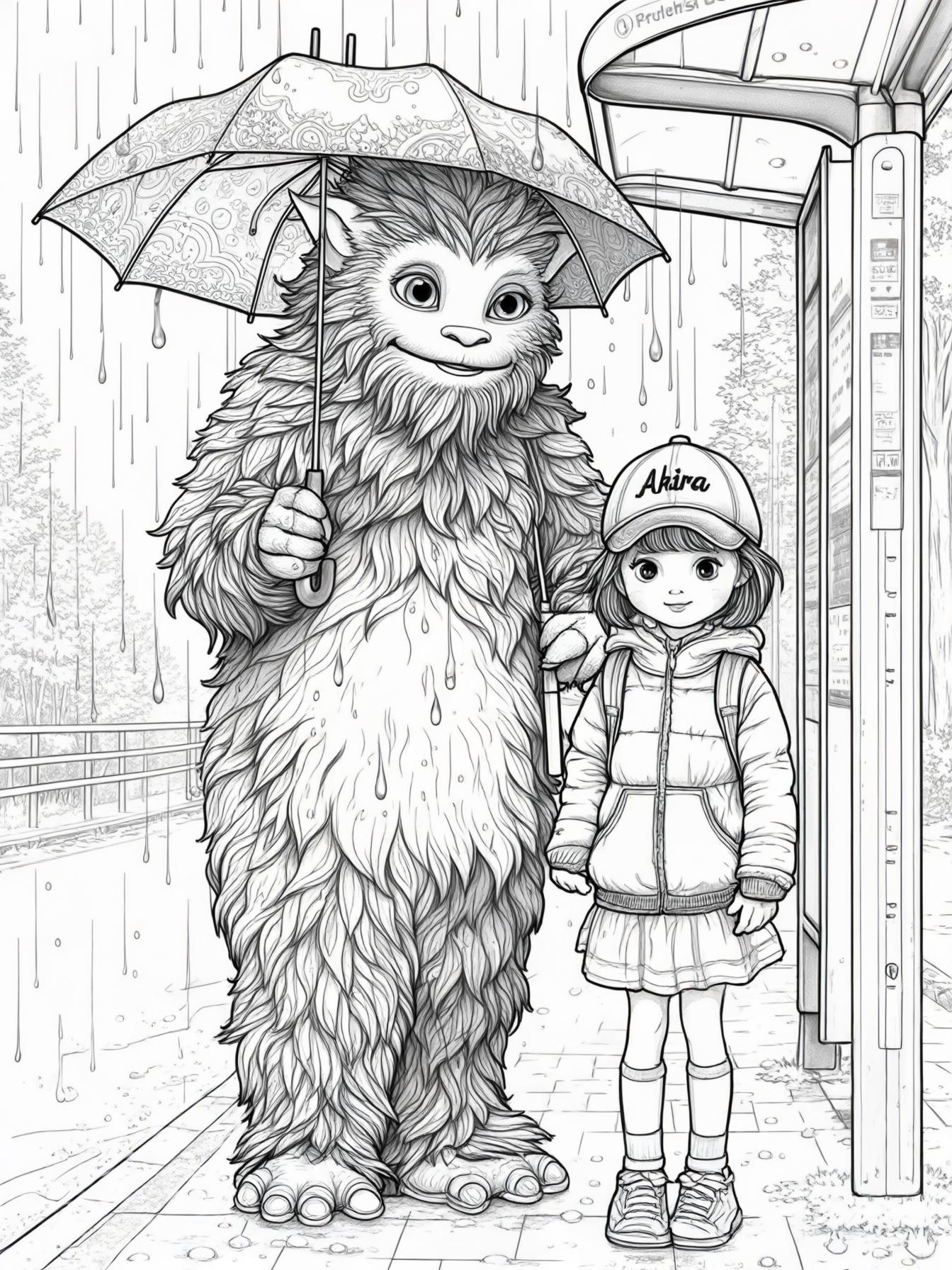 It is raining. Totoro is standing at a bus stop holding a small umbrella. Standing next to Totoro, is a 10 year old girl wearing a cap that has the name 'AKIRA' on it.