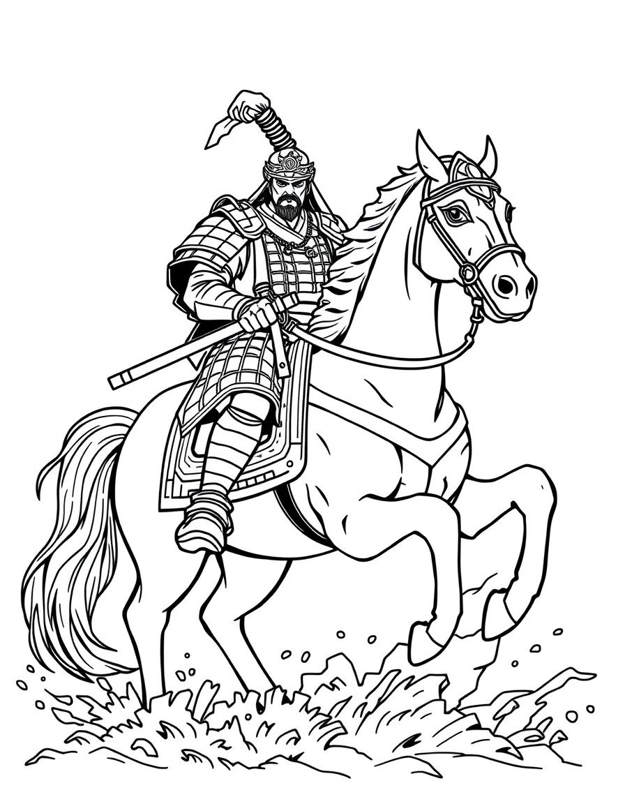 Samurai warrior on a horse with a weilding sword