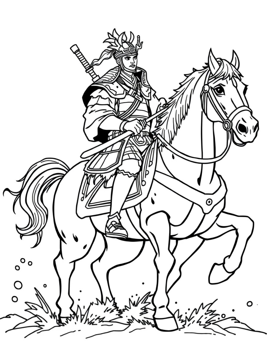 Samurai warrior on a horse with a weilding sword