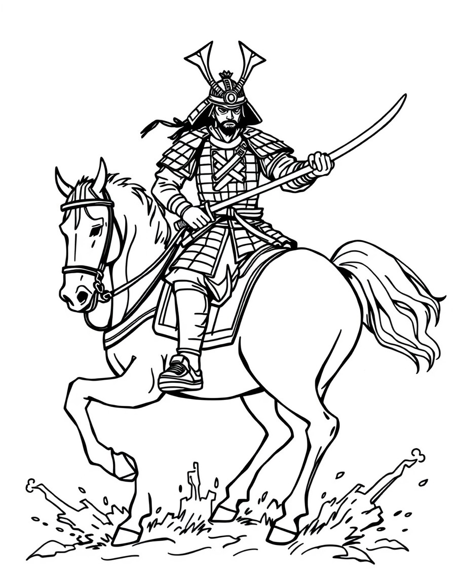 Samurai warrior on a horse with a weilding sword