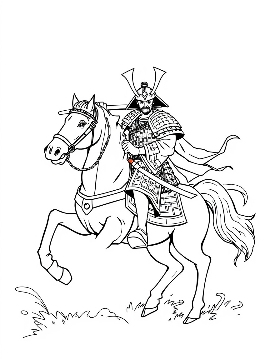 Samurai warrior on a horse with a weilding sword