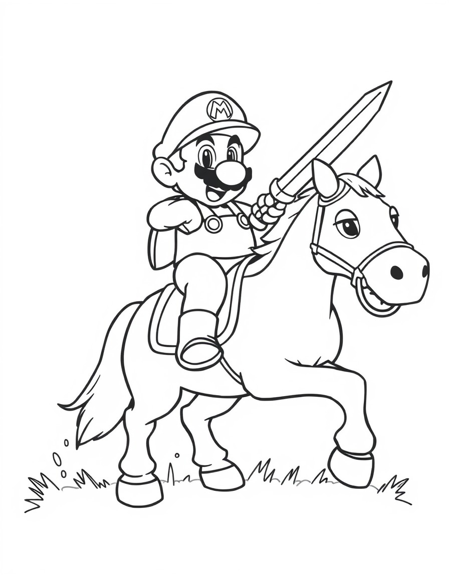 Super mario on a horse and having a sword weilding