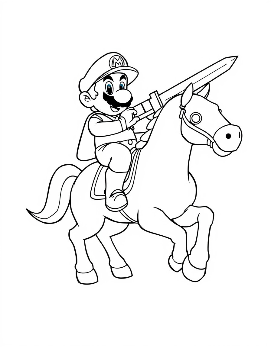 Super mario on a horse and having a sword weilding