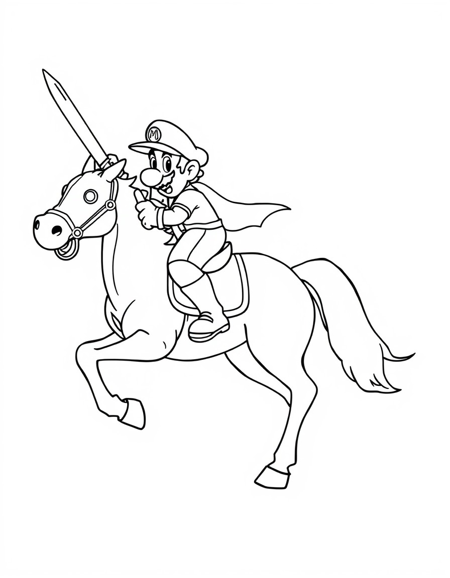 Super mario on a horse and having a sword weilding