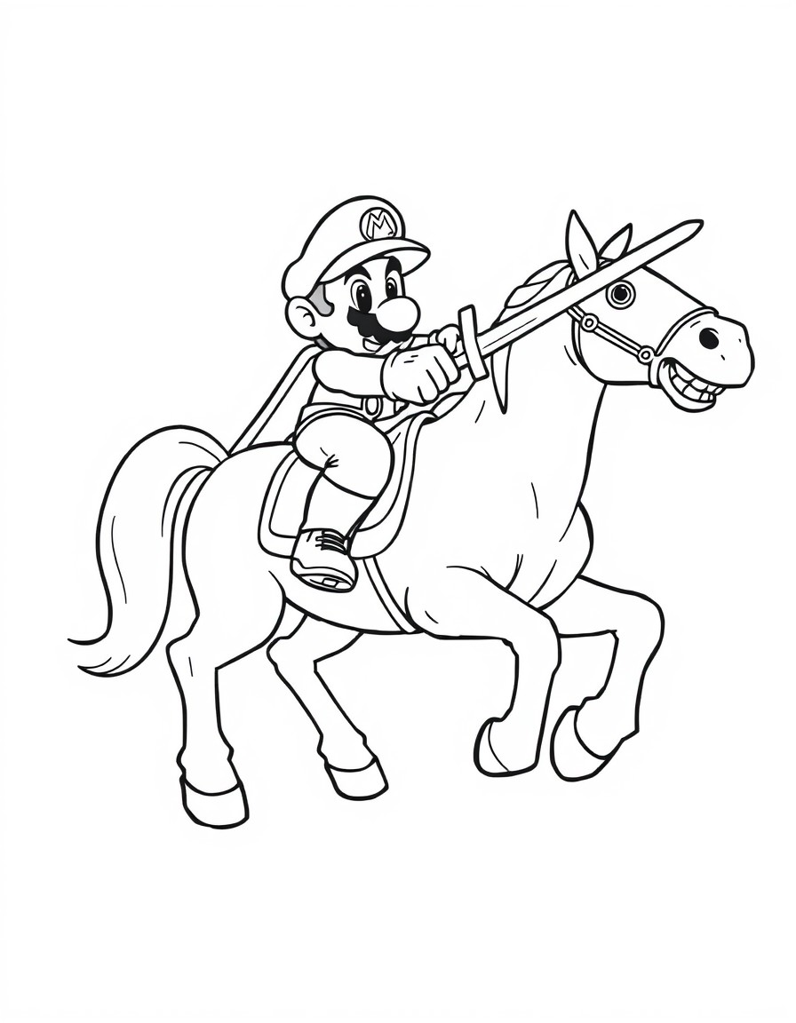 Super mario on a horse and having a sword weilding