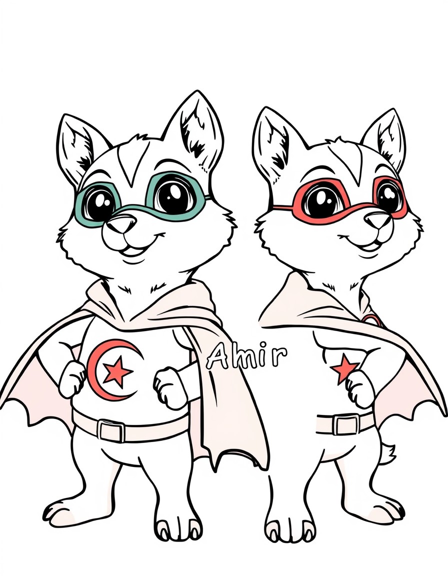 Cute tiny Algerian animal superheros with the text "Amir" on their chest